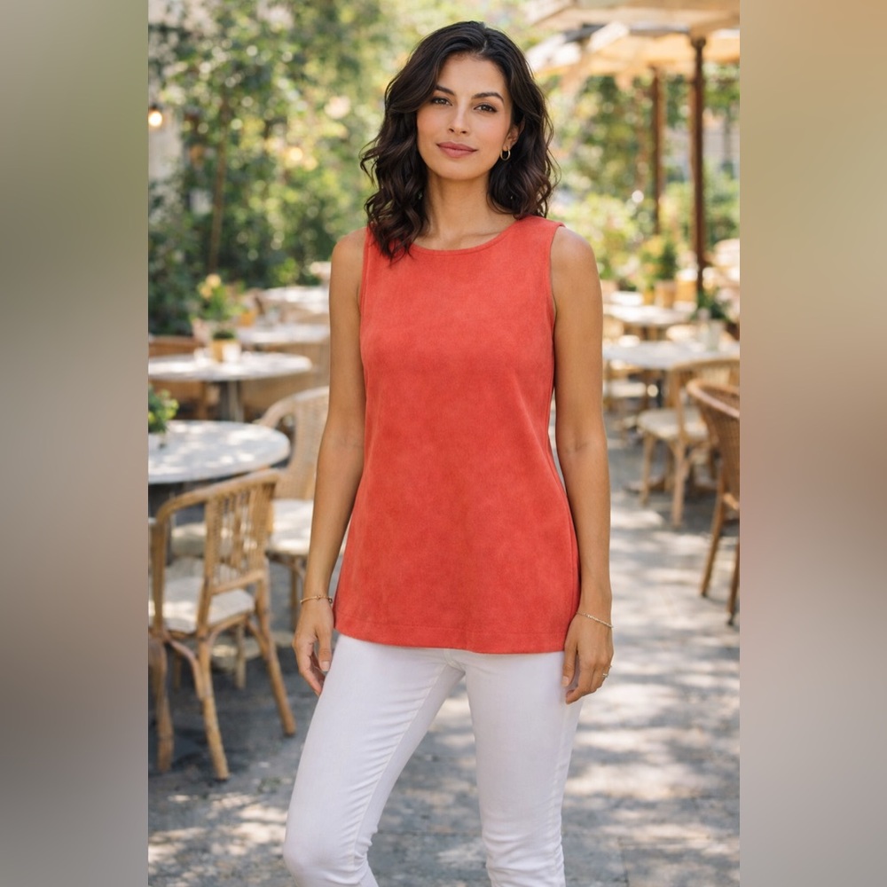 NWOT Jude Connally Coral Faux Suede Sleeveless Tunic Top Gold Zip USA Women S